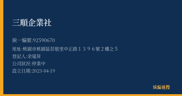 三順企業社的照片-統編 92590670(桃園市) 公司登記資料與營業項目詳細圖表
