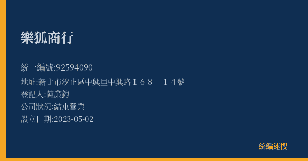樂狐商行的照片-統編 92594090(新北市) 公司登記資料與營業項目詳細圖表