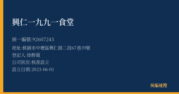 興仁一九九一食堂的照片-統編 92607243(桃園市) 公司登記資料與營業項目詳細圖表