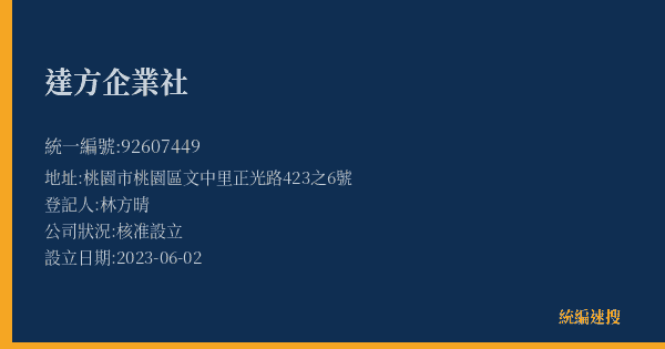 達方企業社的照片-統編 92607449(桃園市) 公司登記資料與營業項目詳細圖表