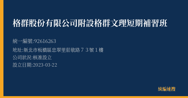 格群股份有限公司附設格群文理短期補習班的照片-統編 92616263(新北市) 公司登記資料與營業項目詳細圖表