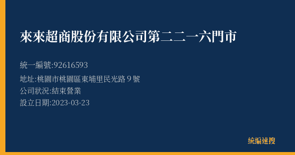 來來超商股份有限公司第二二一六門市的照片-統編 92616593(桃園市) 公司登記資料與營業項目詳細圖表