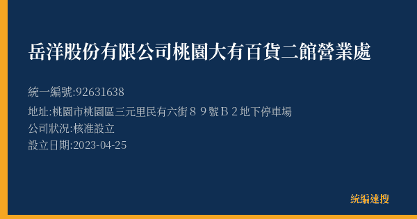 岳洋股份有限公司桃園大有百貨二館營業處的照片-統編 92631638(桃園市) 公司登記資料與營業項目詳細圖表