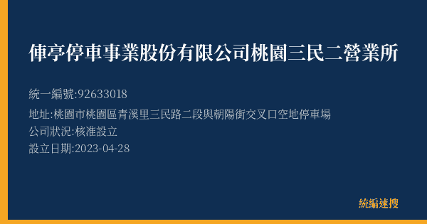 俥亭停車事業股份有限公司桃園三民二營業所的照片-統編 92633018(桃園市) 公司登記資料與營業項目詳細圖表