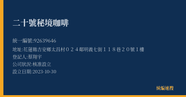 二十號秘境咖啡的照片-統編 92639646(花蓮縣) 公司登記資料與營業項目詳細圖表