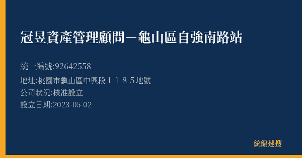 冠昱資產管理顧問-龜山區自強南路站的照片-統編 92642558(桃園市) 公司登記資料與營業項目詳細圖表