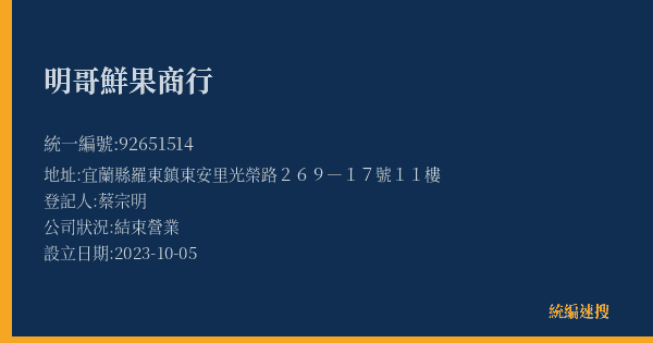 明哥鮮果商行的照片-統編 92651514(宜蘭縣) 公司登記資料與營業項目詳細圖表
