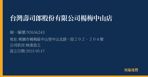 台灣壽司郎股份有限公司楊梅中山店的照片-統編 92656243(桃園市) 公司登記資料與營業項目詳細圖表