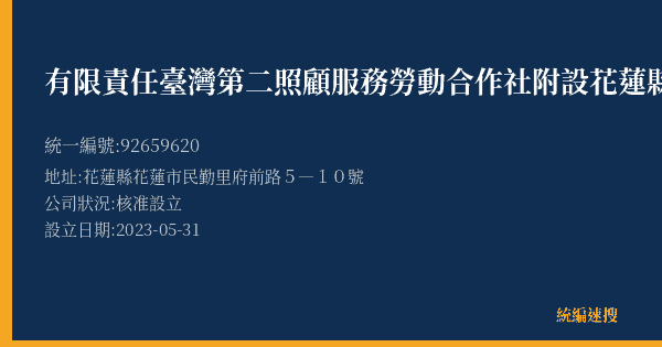 有限責任臺灣第二照顧服務勞動合作社附設花蓮縣私立居家式服務類長期照顧服務機構的照片-統編 92659620(花蓮縣) 公司登記資料與營業項目詳細圖表