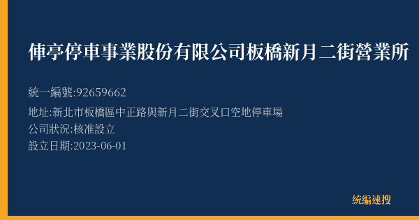 俥亭停車事業股份有限公司板橋新月二街營業所的照片-統編 92659662(新北市) 公司登記資料與營業項目詳細圖表