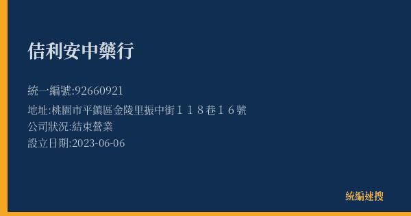 佶利安中藥行的照片-統編 92660921(桃園市) 公司登記資料與營業項目詳細圖表