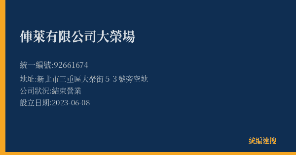 俥萊有限公司大榮場的照片-統編 92661674(新北市) 公司登記資料與營業項目詳細圖表