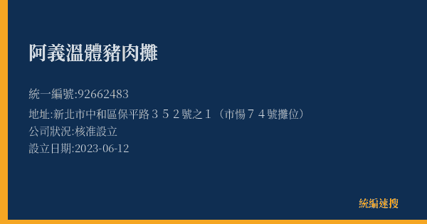 阿義溫體豬肉攤的照片-統編 92662483(新北市) 公司登記資料與營業項目詳細圖表
