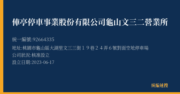 俥亭停車事業股份有限公司龜山文三二營業所的照片-統編 92664335(桃園市) 公司登記資料與營業項目詳細圖表