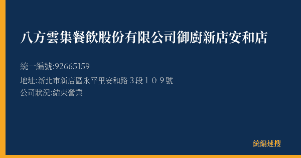 八方雲集餐飲股份有限公司御廚新店安和店的照片-統編 92665159(新北市) 公司登記資料與營業項目詳細圖表