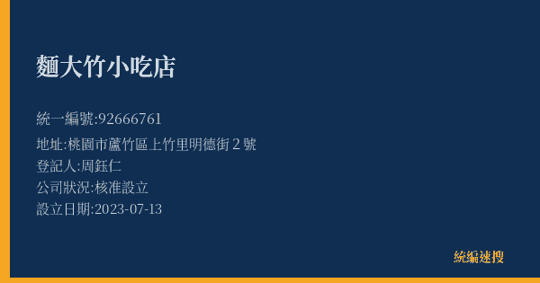 麵大竹小吃店的照片-統編 92666761(桃園市) 公司登記資料與營業項目詳細圖表