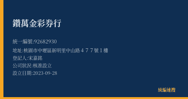 鑽萬金彩券行的照片-統編 92682930(桃園市) 公司登記資料與營業項目詳細圖表