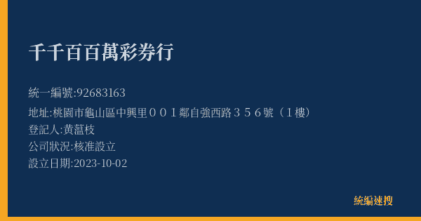 千千百百萬彩券行的照片-統編 92683163(桃園市) 公司登記資料與營業項目詳細圖表