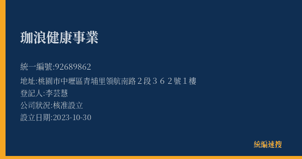 珈浪健康事業的照片-統編 92689862(桃園市) 公司登記資料與營業項目詳細圖表