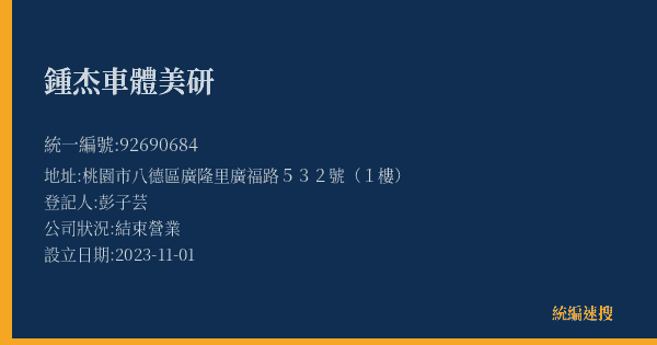 鍾杰車體美研的照片-統編 92690684(桃園市) 公司登記資料與營業項目詳細圖表