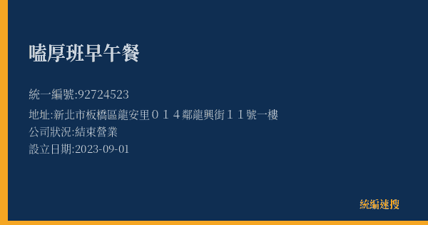 嗑厚班早午餐的照片-統編 92724523(新北市) 公司登記資料與營業項目詳細圖表
