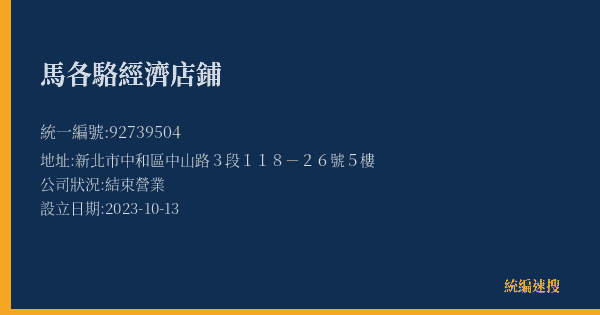 馬各駱經濟店鋪的照片-統編 92739504(新北市) 公司登記資料與營業項目詳細圖表