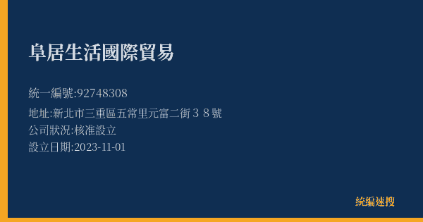 阜居生活國際貿易的照片-統編 92748308(新北市) 公司登記資料與營業項目詳細圖表