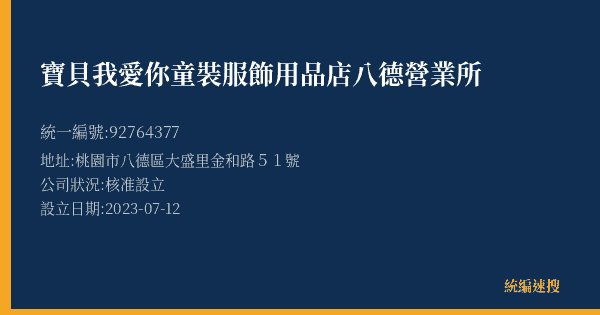 寶貝我愛你童裝服飾用品店八德營業所的照片-統編 92764377(桃園市) 公司登記資料與營業項目詳細圖表