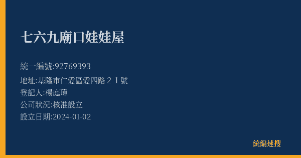七六九廟口娃娃屋的照片-統編 92769393(基隆市) 公司登記資料與營業項目詳細圖表