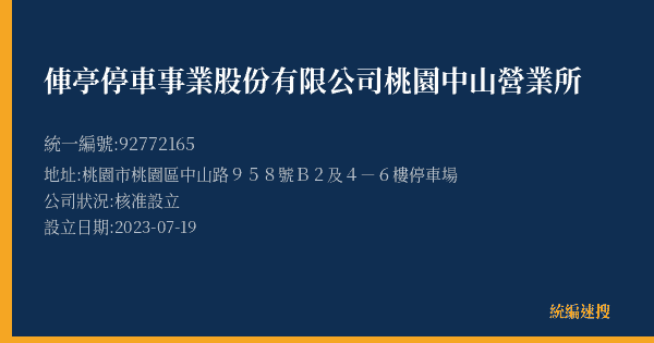 俥亭停車事業股份有限公司桃園中山營業所的照片-統編 92772165(桃園市) 公司登記資料與營業項目詳細圖表