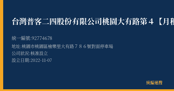 台灣普客二四股份有限公司桃園大有路第4【月租】停車場的照片-統編 92774678(桃園市) 公司登記資料與營業項目詳細圖表