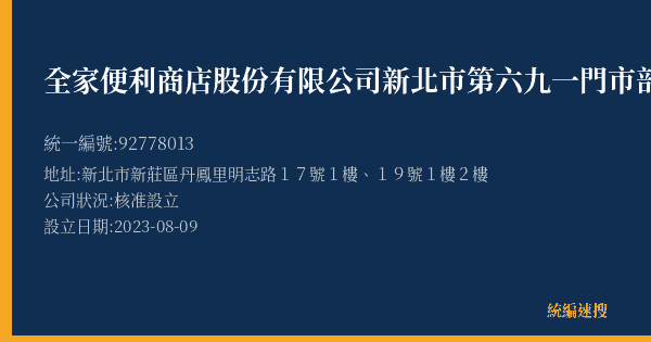 全家便利商店股份有限公司新北市第六九一門市部的照片-統編 92778013(新北市) 公司登記資料與營業項目詳細圖表