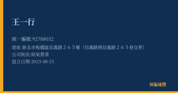 王一行的照片-統編 92788032(新北市) 公司登記資料與營業項目詳細圖表