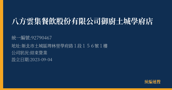 八方雲集餐飲股份有限公司御廚土城學府店的照片-統編 92790467(新北市) 公司登記資料與營業項目詳細圖表