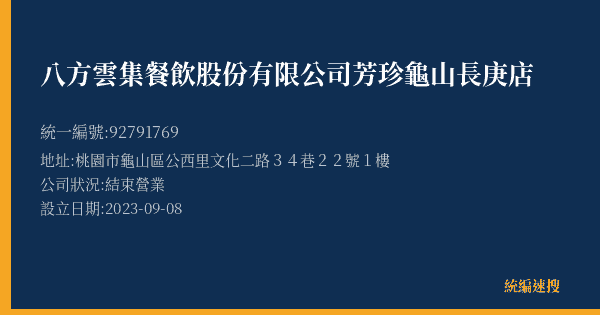 八方雲集餐飲股份有限公司芳珍龜山長庚店的照片-統編 92791769(桃園市) 公司登記資料與營業項目詳細圖表