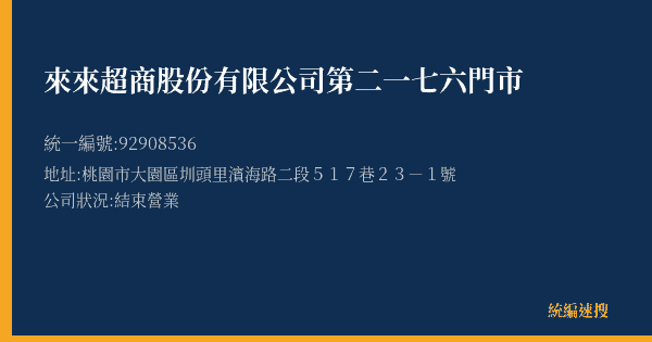 來來超商股份有限公司第二一七六門市的照片-統編 92908536(桃園市) 公司登記資料與營業項目詳細圖表