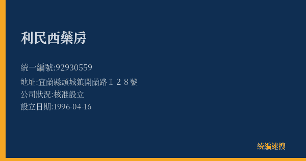 利民西藥房的照片-統編 92930559(宜蘭縣) 公司登記資料與營業項目詳細圖表