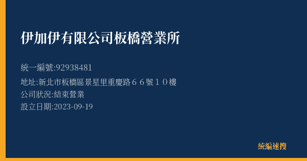 伊加伊有限公司板橋營業所的照片-統編 92938481(新北市) 公司登記資料與營業項目詳細圖表