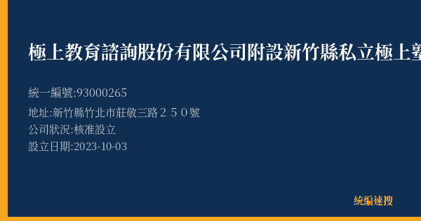 極上教育諮詢股份有限公司附設新竹縣私立極上塾勝利文理短期補習班的照片-統編 93000265(新竹縣) 公司登記資料與營業項目詳細圖表