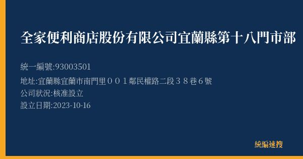 全家便利商店股份有限公司宜蘭縣第十八門市部的照片-統編 93003501(宜蘭縣) 公司登記資料與營業項目詳細圖表
