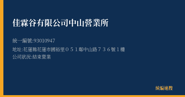 佳霖谷有限公司中山營業所的照片-統編 93010947(花蓮縣) 公司登記資料與營業項目詳細圖表