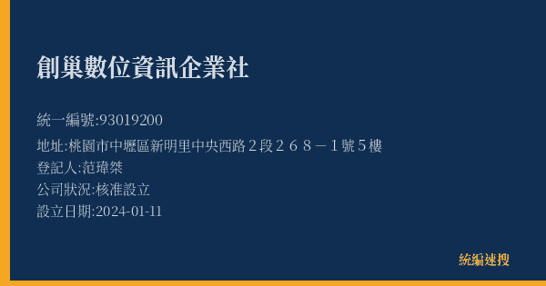 創巢數位資訊企業社的照片-統編 93019200(桃園市) 公司登記資料與營業項目詳細圖表
