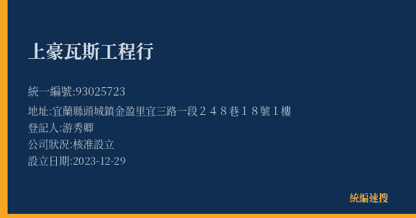 上豪瓦斯工程行的照片-統編 93025723(宜蘭縣) 公司登記資料與營業項目詳細圖表