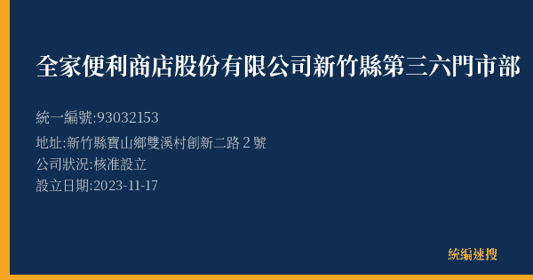 全家便利商店股份有限公司新竹縣第三六門市部的照片-統編 93032153(新竹縣) 公司登記資料與營業項目詳細圖表