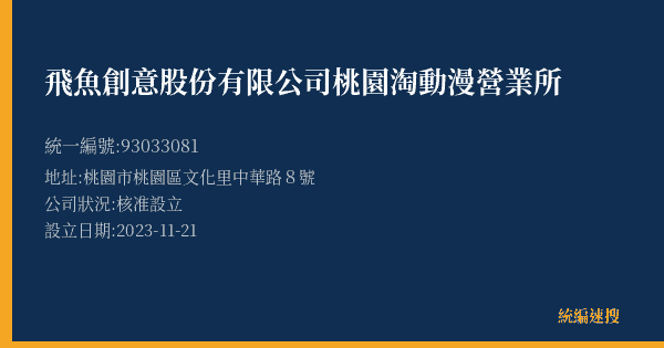 飛魚創意股份有限公司桃園淘動漫營業所的照片-統編 93033081(桃園市) 公司登記資料與營業項目詳細圖表