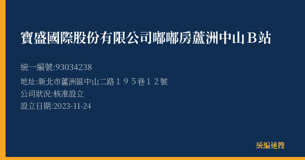 寶盛國際股份有限公司嘟嘟房蘆洲中山B站的照片-統編 93034238(新北市) 公司登記資料與營業項目詳細圖表