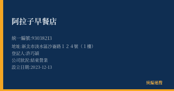 阿拉子早餐店的照片-統編 93038213(新北市) 公司登記資料與營業項目詳細圖表