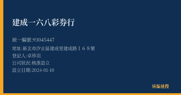 建成一六八彩券行的照片-統編 93045447(新北市) 公司登記資料與營業項目詳細圖表