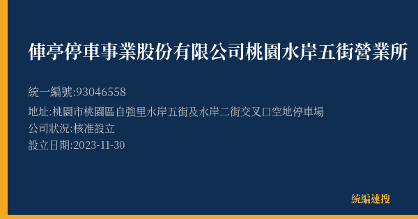 俥亭停車事業股份有限公司桃園水岸五街營業所的照片-統編 93046558(桃園市) 公司登記資料與營業項目詳細圖表
