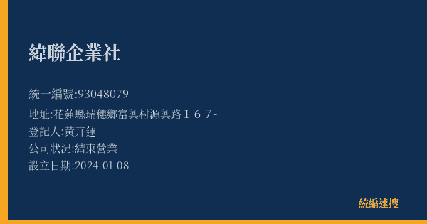緯聯企業社的照片-統編 93048079(花蓮縣) 公司登記資料與營業項目詳細圖表